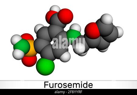 Furosemide, Frusemide molecule. Diuretic drug, is used to treat hypertension and edema. Molecular model. 3D rendering. 3D illustration Stock Photo