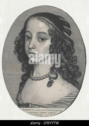 Albertine Agnes, Princess of Orania, Countess of Nassau as a girl: chest picture, half from left; with side curly hair, pearl cord thread at the backhead, pearl necklace; ; in a shoulder-free dress; Small jewel with pearl at the neckline; In the sub-segment of the pornoval Latin. Legend (already as a wife of Wilhelm Friedrich von Nassau-Diez); Artist names; Cut out on the portrait edge oval. Copper engraving of Hendrik Rochusz. Van Dagen after paintings by Gerrit van Honthorst, moved by Clement de Jonghe. Stock Photo