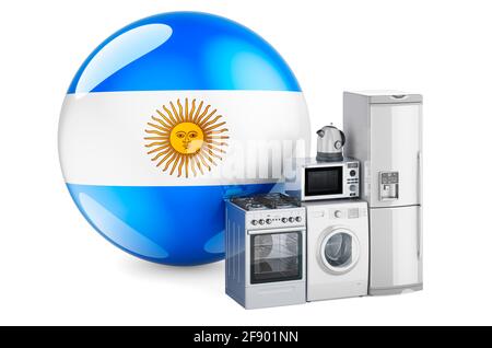 Kitchen and household appliances with Argentinean flag. Production, shopping and delivery of home appliances in Argentina concept. 3D rendering isolat Stock Photo