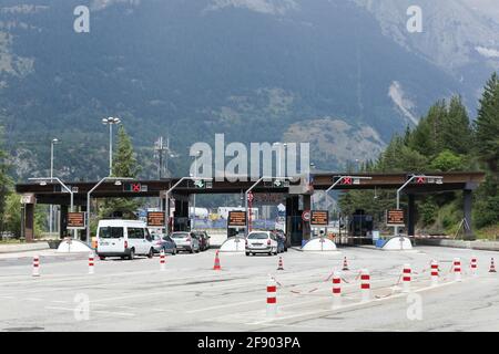 Modanne, France - July 19, 2015: Motorway toll at the frejus tunnel in France. The Frejus road tunnel is a tunnel that connects France and Italy Stock Photo