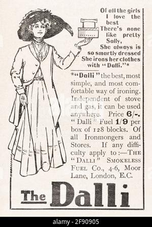 Old vintage Edwardian magazine advert for Dalli clothes iron from 1911. For old laundry equipment, Victorian domestic household life. Stock Photo