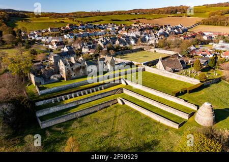 Aerial view from drone of Aberdour Castle and garden  in Aberdour, Fife , Scotland, UK Stock Photo