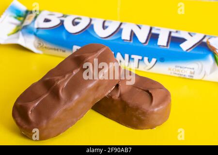 BELARUS, NOVOPOLOTSK - 12 APRIL, 2021: Bounty bar on yellow background Stock Photo