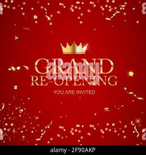Grand Opening congratulation background card with golden confetti ribbon. Vector Illustration Stock Vector