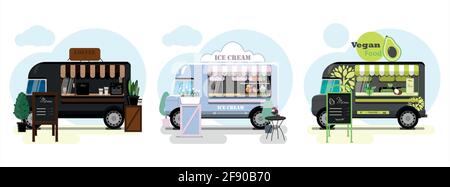 Set of vector food trucks with pizza, donuts and ice cream. Vector flat illustration of a fast food place on wheels with a striped awning and an Stock Vector