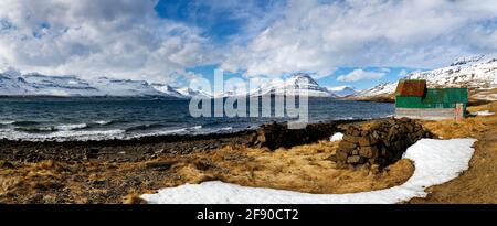 Brown barren landscape with coastline and hills, Iceland Stock Photo