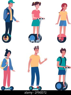 Flat vector collection with kids on electric transport. Children ride gyroboards. .Teenagers, boys and girls ride. Colorful illustration in cartoon style isolated on white background. Stock Vector