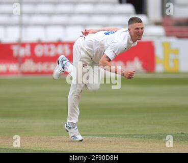 Chelmsford, UK. 15th Apr, 2021. CHELMSFORD ENGLAND - APRIL 15: Durham's Brydon Carse during LV Insurance County Championship Group 1 Day One of Four between Essex CCC and Durham CCC at The Cloudfm County Ground on 15th April, 2021 in Chelmsford, England Credit: Action Foto Sport/Alamy Live News Stock Photo