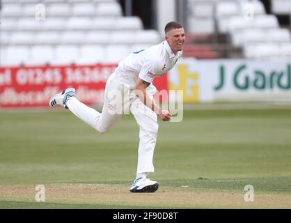 Chelmsford, UK. 15th Apr, 2021. CHELMSFORD ENGLAND - APRIL 15: Durham's Brydon Carse during LV Insurance County Championship Group 1 Day One of Four between Essex CCC and Durham CCC at The Cloudfm County Ground on 15th April, 2021 in Chelmsford, England Credit: Action Foto Sport/Alamy Live News Stock Photo