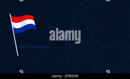 netherlands on europe map vector illustration. High quality map Europe with borders of the regions on dark background with national flag. Stock Vector