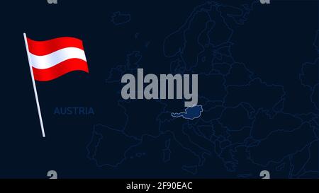 austria on europe map vector illustration. High quality map Europe with borders of the regions on dark background with national flag. Stock Vector