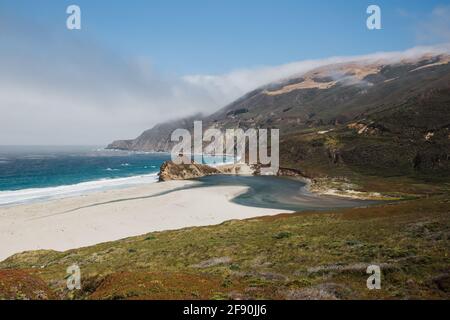 Scenic view of Little Sur River outlet on coast of Big Sur, California