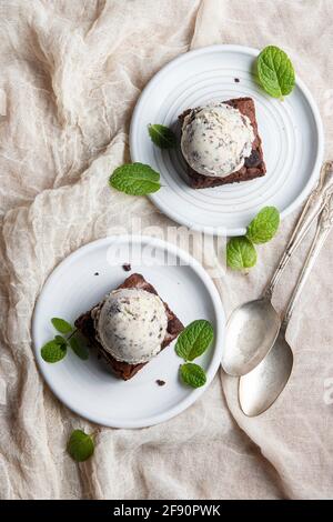 Brownie with mint chocolate chip ice cream Stock Photo