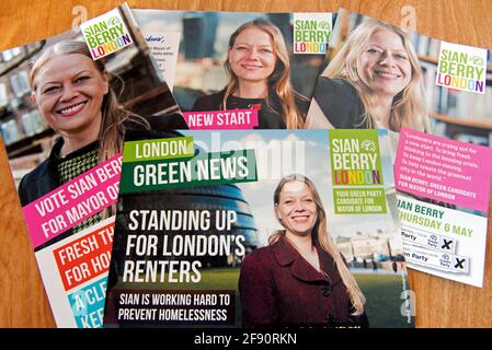 Green Party London Mayoral Election political leaflets Sian Berry candidate for Mayor of London in the UK  Mayoral and Assemble elections Stock Photo