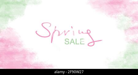 Spring sale banner on white background with pink green watercolor frame Stock Photo