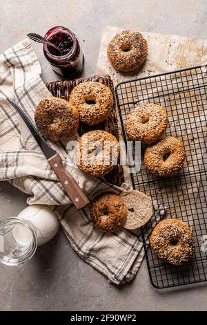 Fresh bagels on a cooling rack Stock Photo