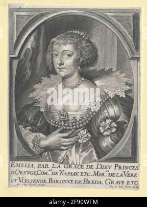 Solms-Braunfels, Amalie Countess to almost hip piece, half left; with pearl-occupied hair bolt, pearl ears and necklace; In décolleted galak dress with lace trim on the expansion chest and cutout with central gem, chest and shoulders covered by double row pearl necklace, thumb and forefinger of the right with two-rows. Pearl bracelet; Leakage of waist and long-distance bulb sleeves, in the background right wall edge, left side tire; in oval frame in rectangular extension with four plastically shaded corner pieces; below the depiction three-line Frz. Legend; Both on both sides of painters and e Stock Photo