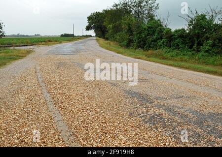 A narrow, historic stretch of original Route 66 roadway near Miami, Oklahoma, known as the Ribbon Road or Sidewalk Highway. Stock Photo