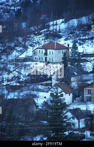 Mavrovi Anovi Village at Mavrovo in Macedonia. Stock Photo