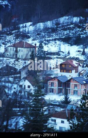 Mavrovi Anovi Village at Mavrovo in Macedonia. Stock Photo