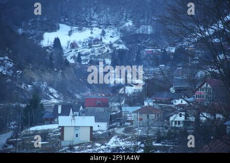 Mavrovi Anovi Village at Mavrovo in Macedonia. Stock Photo