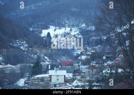 Mavrovi Anovi Village at Mavrovo in Macedonia. Stock Photo