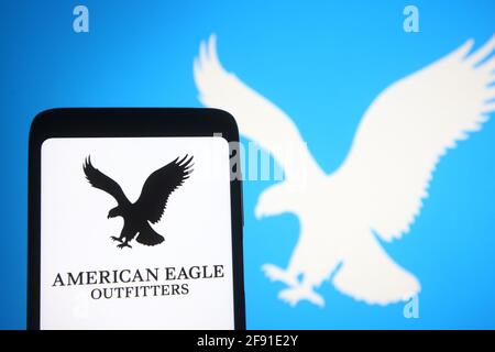 Ukraine. 16th Apr, 2021. In this photo illustration an American Eagle logo of an US clothing company is seen on a smartphone and a pc screen. Credit: Pavlo Gonchar/SOPA Images/ZUMA Wire/Alamy Live News Stock Photo