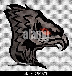 Knitting of big eagle's head in grey hues on white background, illustration for textile production Stock Vector