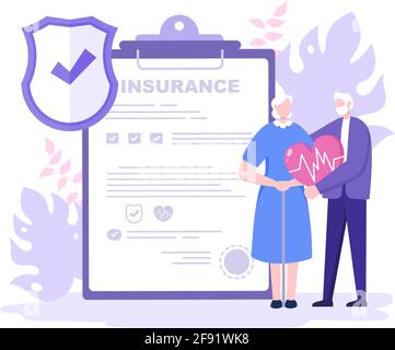 Elderly Insurance Illustration is Used For Pension Funds, Old-Age Guarantee, Health, Risks and Money Protection Concept Stock Vector