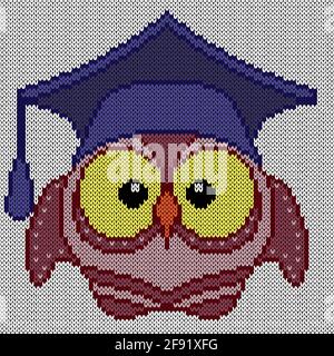 Knitting of cartoon amusing clever owl in blue on the white background, illustration for textile production Stock Vector