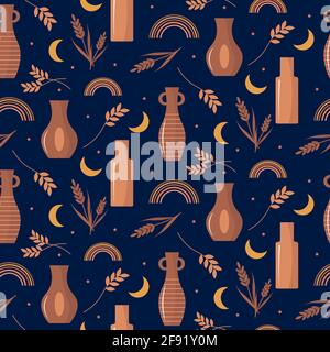 Pattern with ceramic vases on a dark background. Stock Vector