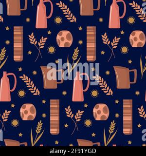 Pattern pottery handmade vases on a dark background.  Stock Vector