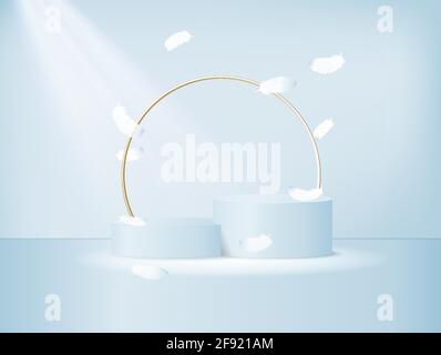 Blank product stand with neon lights on pastel blue and white background. 3d rendering Stock Vector