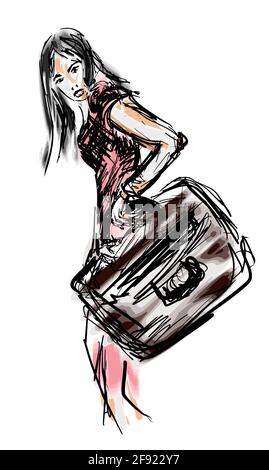 Sketch portrait of a young girl with suitcase eps10 vector illustration isolated on white background. Stock Vector