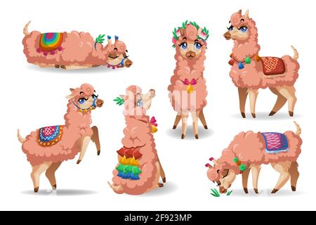 Cute llama character in different poses isolated on white background. Vector set of cartoon mascot, adorable alpaca sitting, sleep, eat grass, sad and happy. Creative emoji set, funny lama chatbot Stock Vector