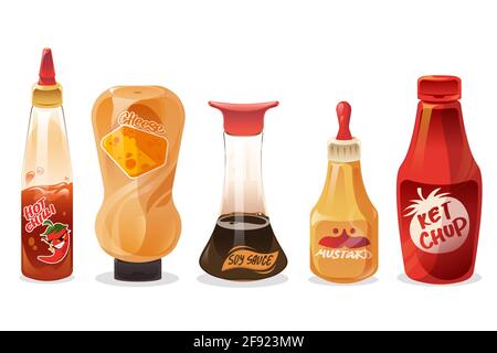 Sauces and dressings in glass and plastic bottles. Ketchup, mayonnaise, mustard, hot chilli, cheese and soy seasoning in package. Vector cartoon set of different sauces isolated on white background Stock Vector