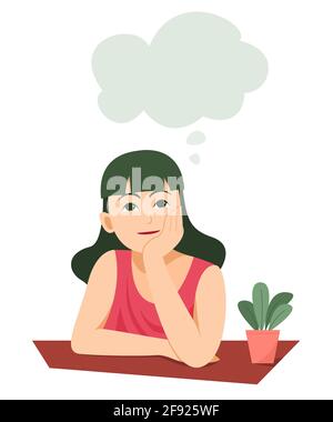 Girl is Thinking Something with Thinking Bubble Symbol. Stock Vector