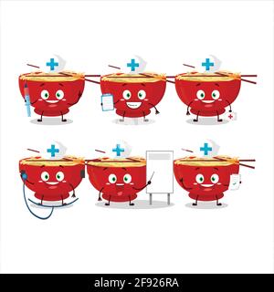 Doctor profession emoticon with bowl of noodles new cartoon character. Vector illustration Stock Vector