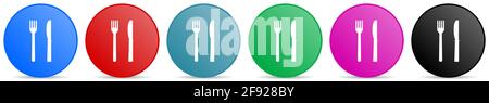 Eat vector icons, set of circle gradient buttons in 6 colors options for webdesign and mobile applications Stock Vector