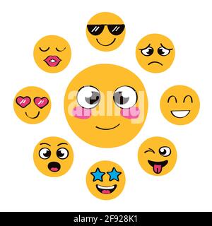 nine emojis expressions around icons Stock Vector