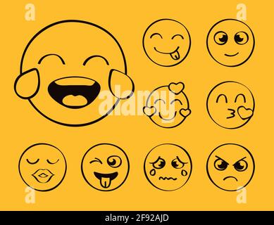 nine emojis set expressions faces Stock Vector