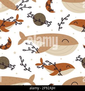Cute mom and baby whales seamless pattern with celestial and floral elements isolated on white background. Hand drawn Scandinavian style vector illust Stock Vector