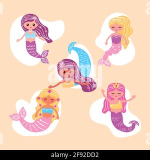 cute mermaids set five icons Stock Vector