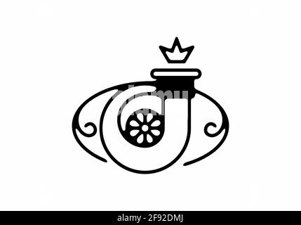 Black line art illustration of turbo car in oval shape with crown design Stock Vector