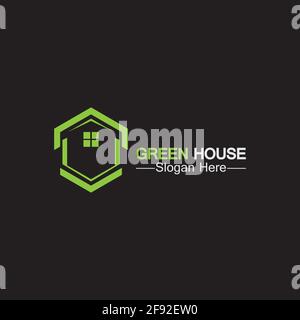 Green house logo.real estate logo ideas concept for eco home isolated black background Stock Vector