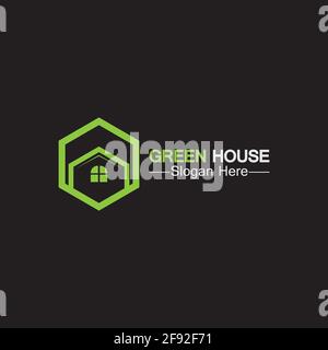 Green house logo.real estate logo ideas concept for eco home isolated black background Stock Vector
