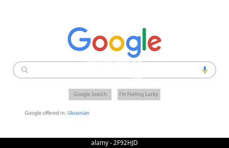VINNYTSIA, UKRAINE - APRIL 16 2021: Google Search Bar. Desktop Search Bar Screen Mockup with Google Logo and Google Voice Search Icon. Vector illustra Stock Vector