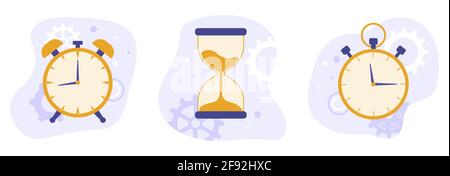 Set of clock, hourglass and stopwatch. Flat vector illustration. Time control concept Stock Vector