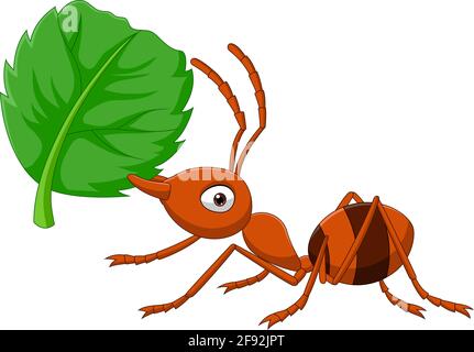 Cartoon ant with green leaf Stock Vector