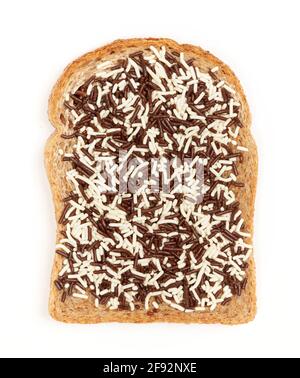 Typical dutch lunch; bread with chocolate sprinkles (hagelslag), isolated Stock Photo